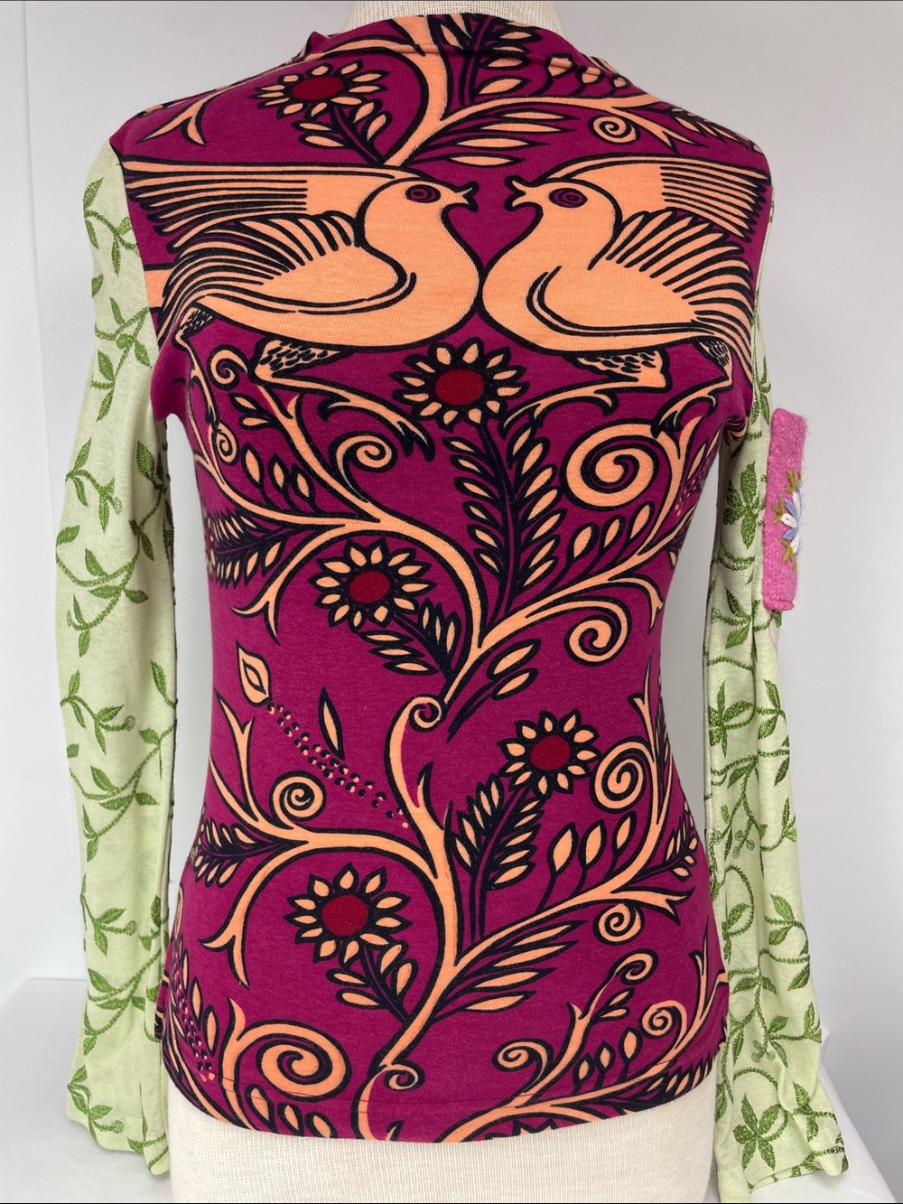 Custo Barcelona Magenta Pink and Peach Floral Bird Long Sleeve Top, Size S